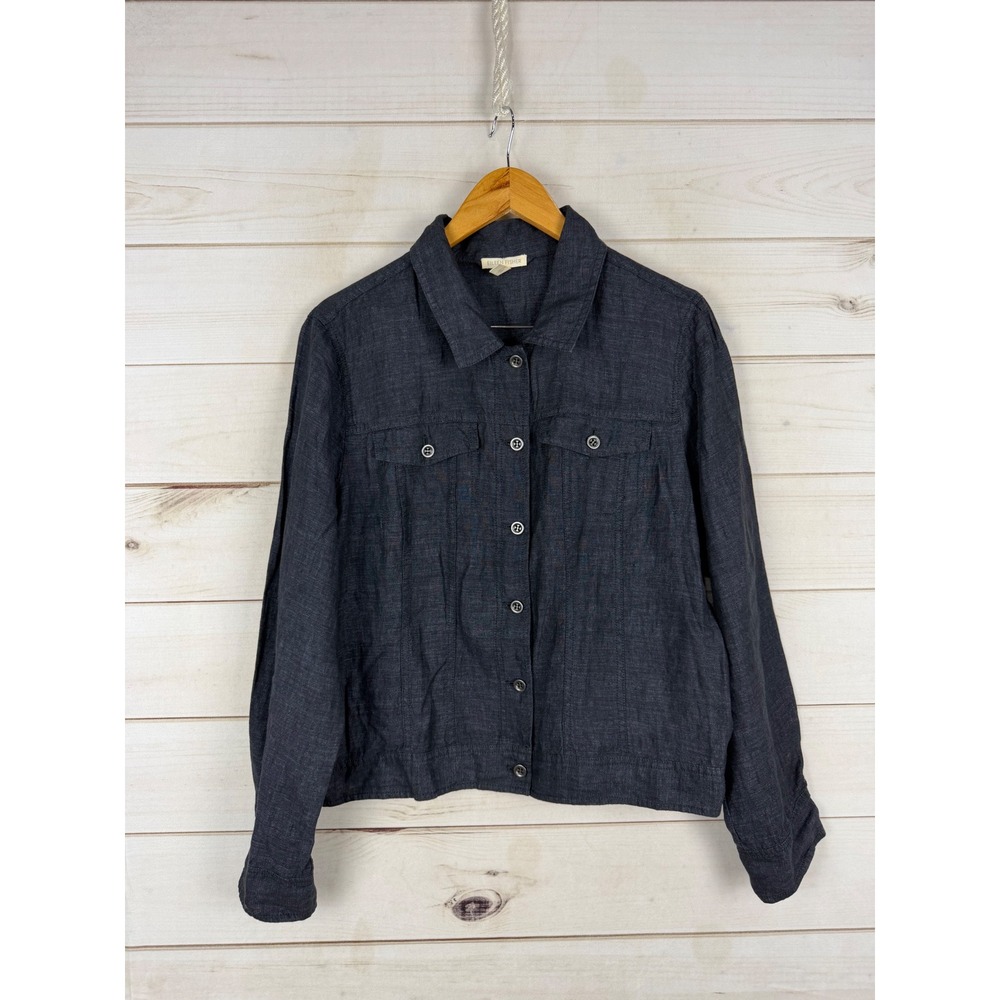 Eileen Fisher Jacket Womens XL Blue Gray Organic Linen Button Front Lightweight